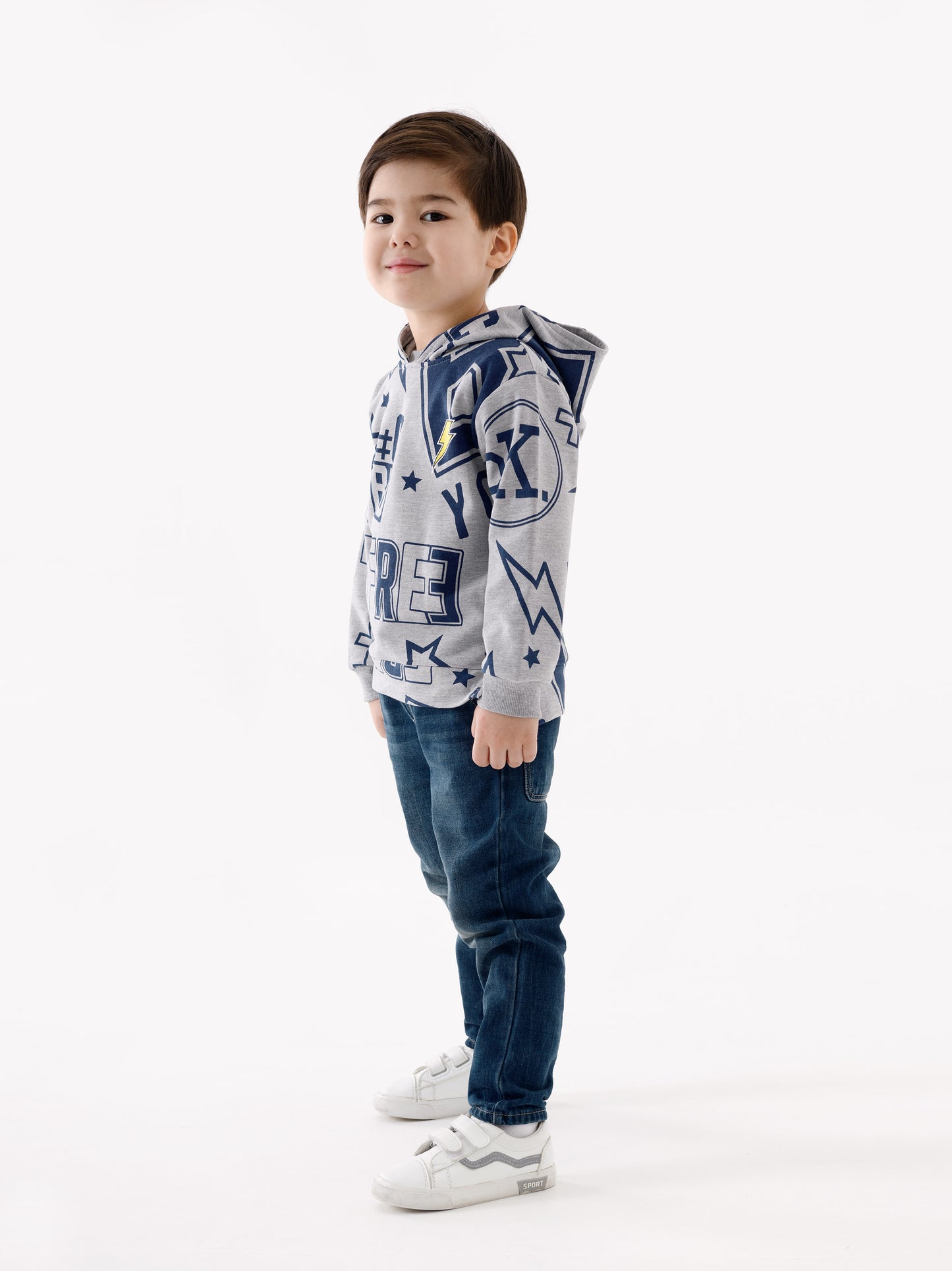Hoodie Sweatshirt in Stickers Pattern - Grey