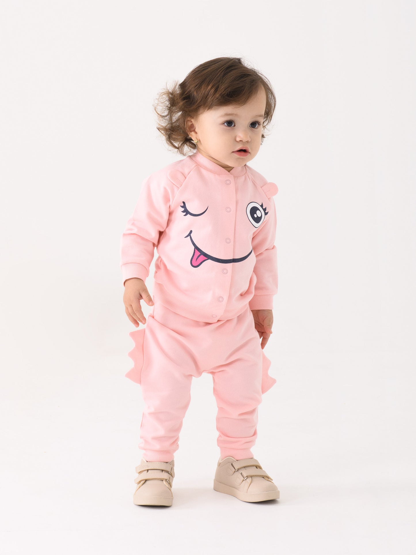 Bomber Jacket with Monster Face Graphic - Pink