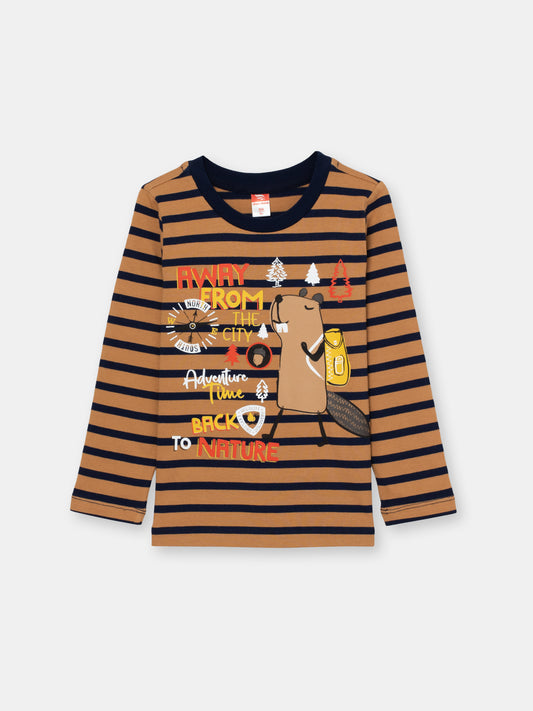 Boys Brown Long Sleeve T-shirt with Cool Beaver Print