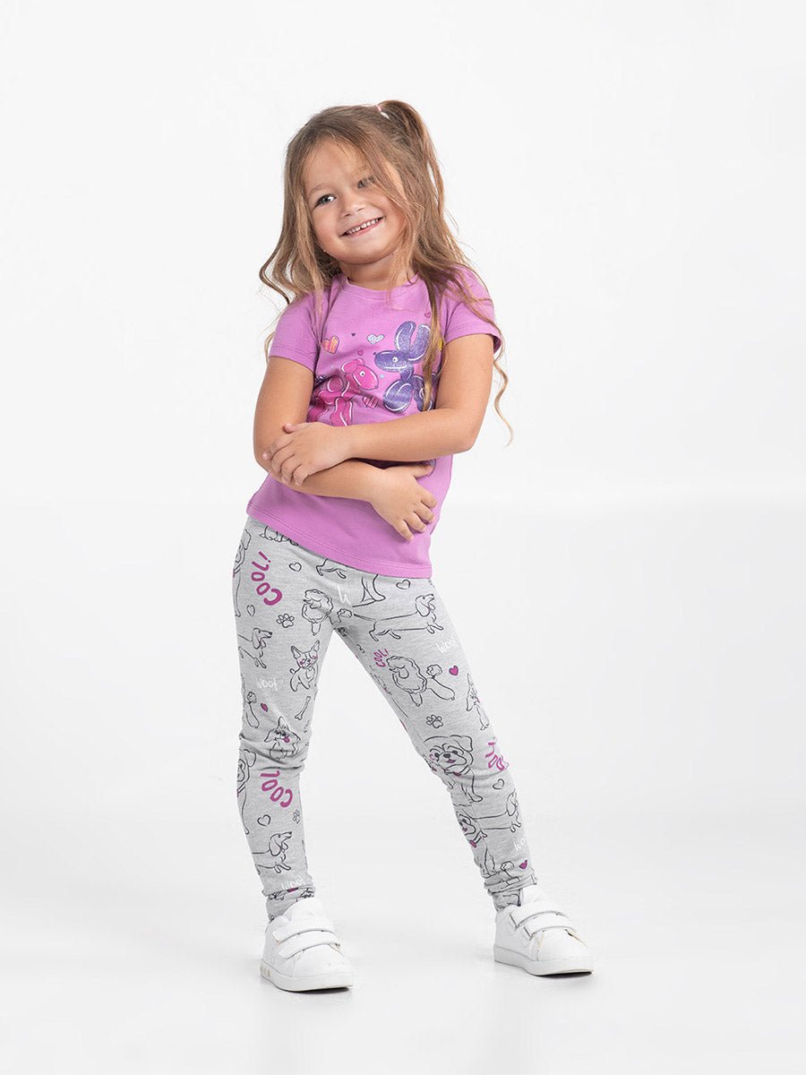 Girls Grey Leggings with Cute Puppies Print